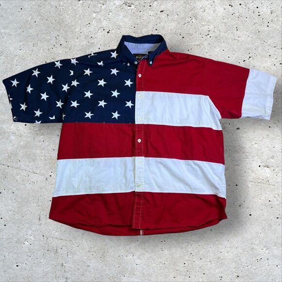 RedHead Button Down Short Sleeve Shirt USA American Flag Red White Blue 2XL - Picture 1 of 10